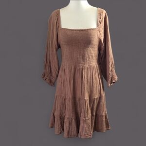 Rebellion Again Brown Smocked Gauze Square-Neck Tiered Dress